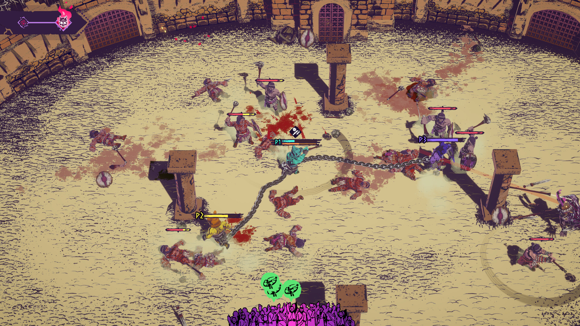 Top-down sand arena with chained fighters, stone pillars, spiked bases, blood on the floor, and a crowd along the bottom.