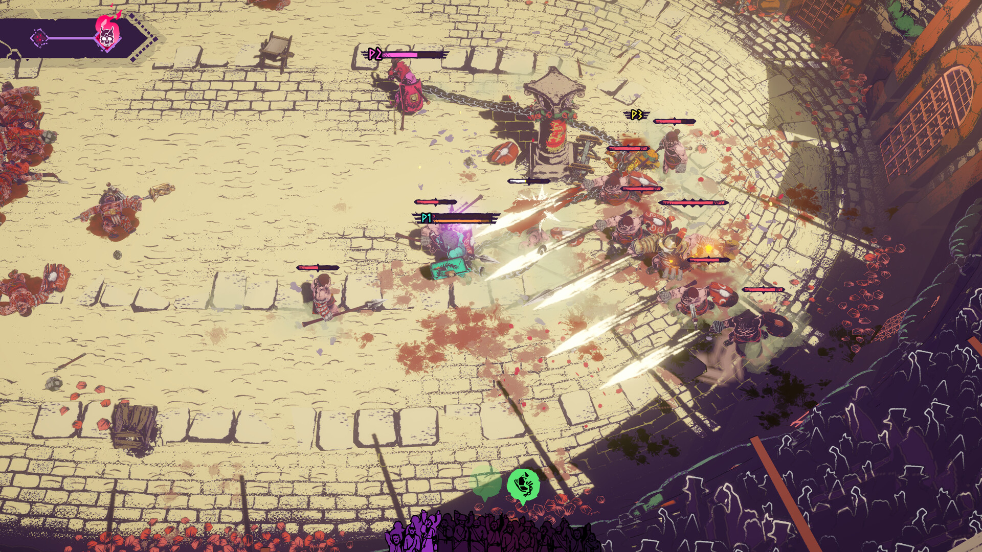 Stone arena fight with a chain wrapped near a monument, projectiles in the air, and a crowd in the foreground.