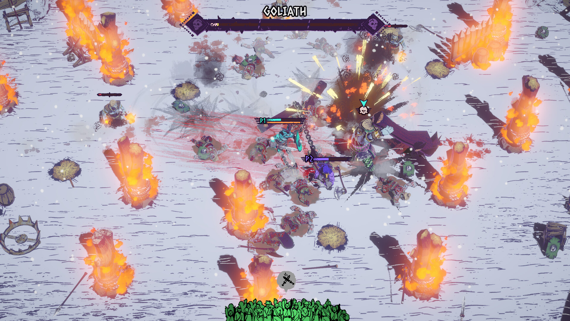 Boss banner reading Goliath above a snowy arena ringed with burning stakes, bear traps, and two chained fighters.