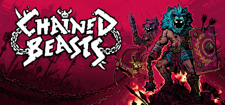 Chained Beasts key art with the chain-letter logo and armored beast gladiators on a red field.