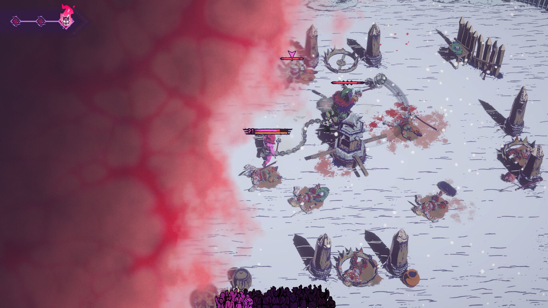 Snowy arena with a chain, bear traps, wooden stakes, an urn, and a red haze covering the left side of the view.